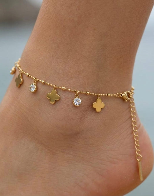 Elegant Gold Clover Charm Anklet with Crystal Dangles